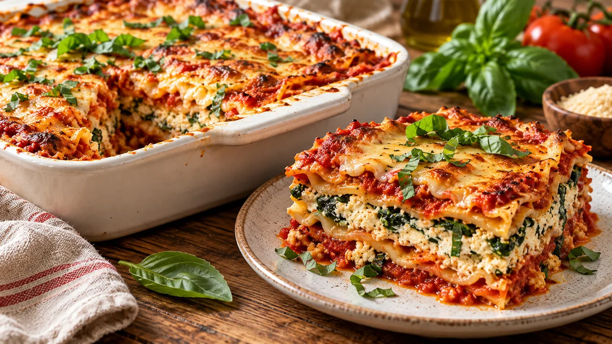 A slice of vegan lasagna with layers of tofu spinach ricotta, marinara and melted plant-based mozzarella