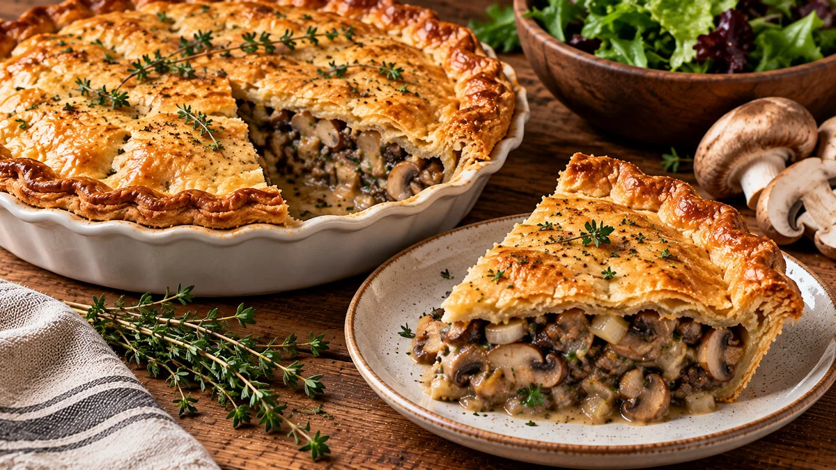 A slice of vegan Finnish mushroom pie with flaky golden crust and creamy mushroom filling
