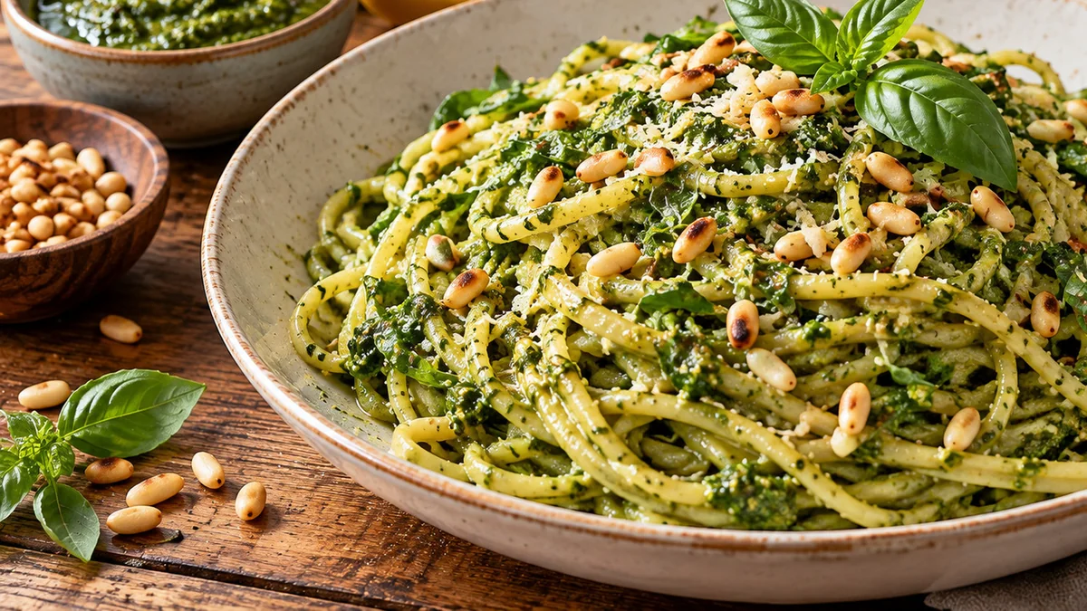 Spaghetti tossed with bright green vegan basil pesto, toasted pine nuts and fresh basil in a bowl