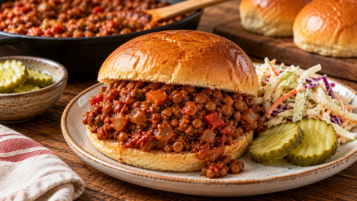 Vegan lentil sloppy joe on a toasted bun with the saucy filling spilling out