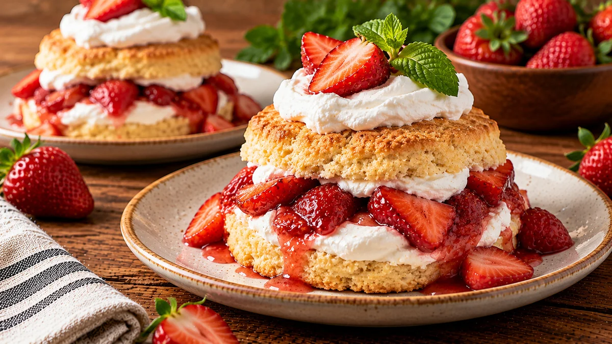 Vegan strawberry shortcake biscuit filled with sliced strawberries and coconut whipped cream