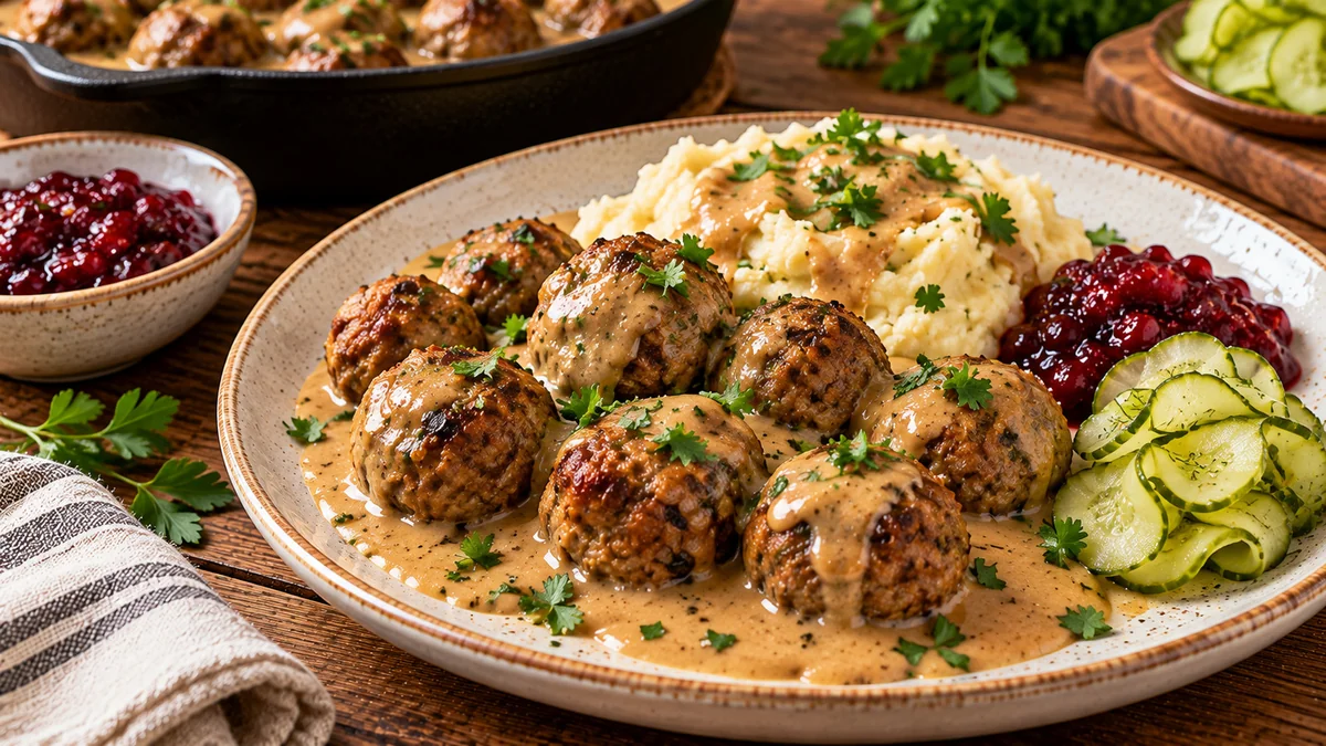 Vegan Swedish meatballs in creamy brown gravy with mashed potatoes and lingonberry jam