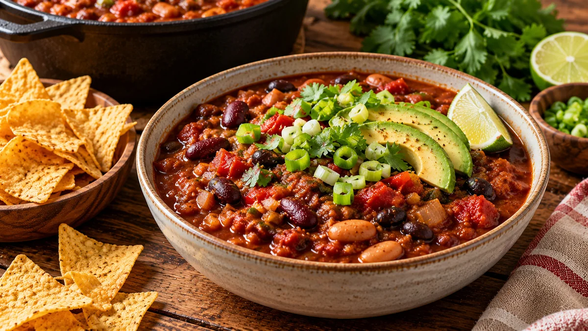 A bowl of vegan three-bean chili topped with avocado, green onions and lime