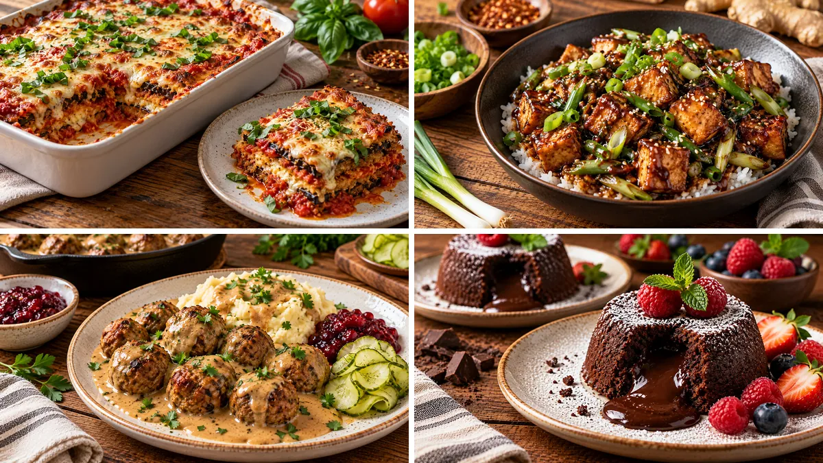 Collage of four Vegan Recipes: Vegan Eggplant Parmesan, Mongolian Tofu, Vegan Swedish Meatballs and Vegan Chocolate Lava Cakes