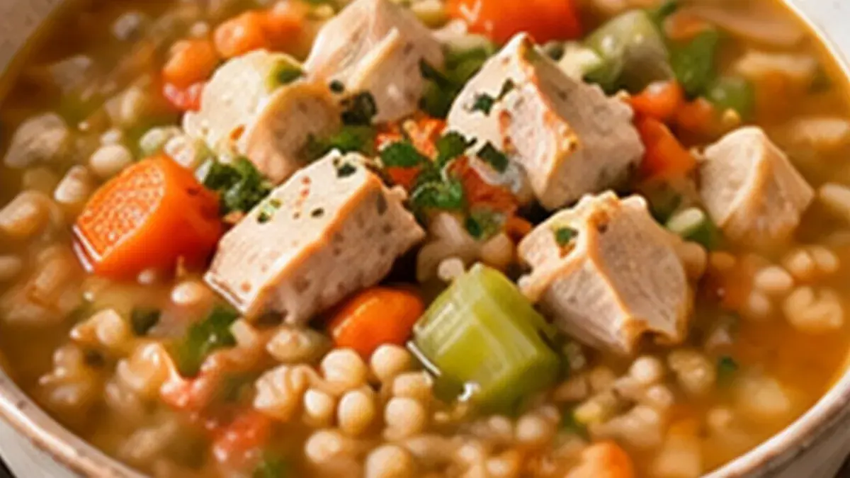 Bowl of turkey vegetable barley soup with turkey, carrots, celery and barley