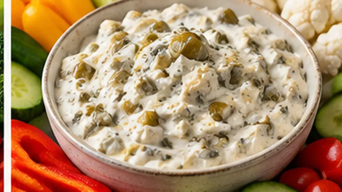 Bowl of creamy dip studded with green olives, surrounded by raw vegetables