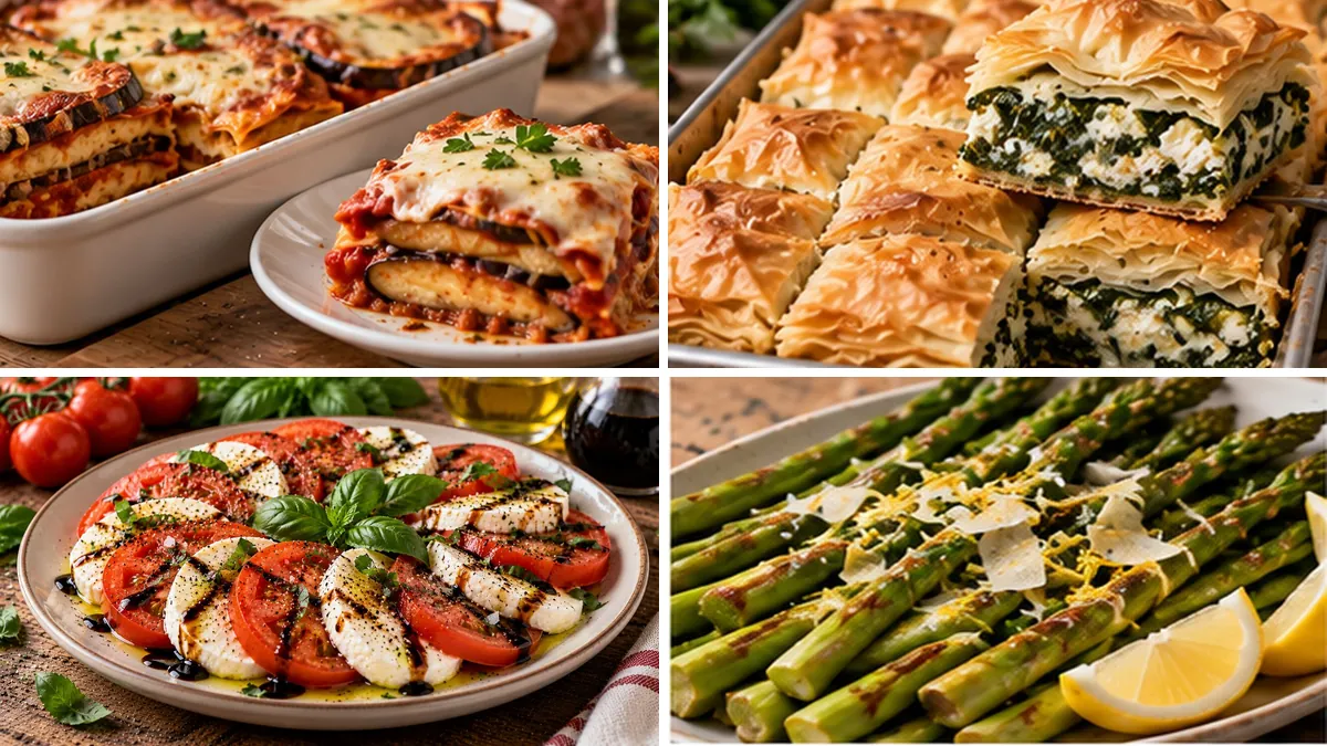 Collage of four Vegetarian Recipes: Sandy's Eggplant Parmesan, Spinach Pie (Spanakopita), Caprese Salad and Roasted Asparagus with Lemon and Parmesan