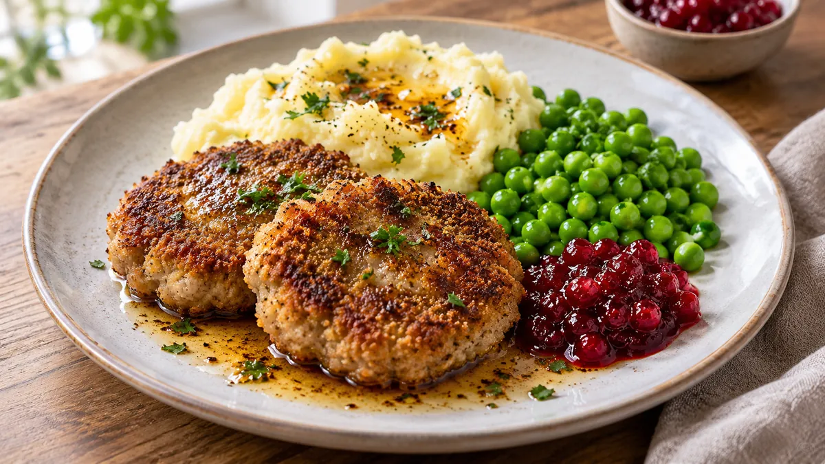 Crumb-coated veal patties with mashed potatoes, green peas, lingonberry jam and browned butter
