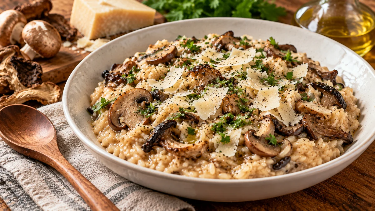 Creamy wild mushroom risotto with Parmesan and parsley in a shallow bowl