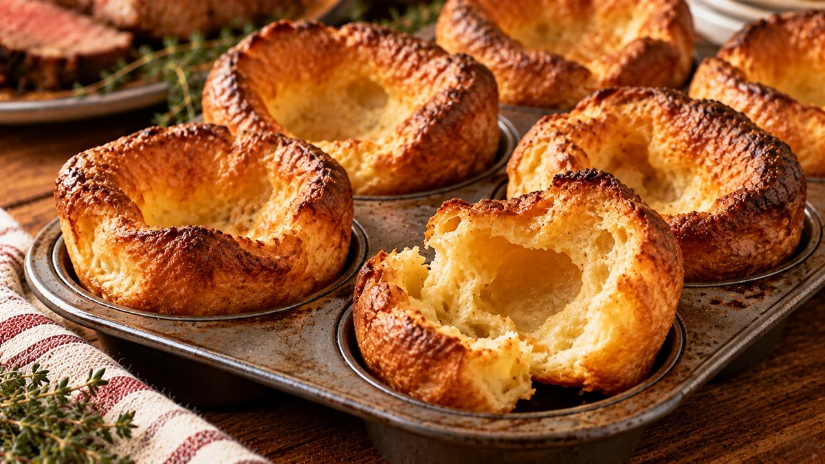 Tall golden Yorkshire puddings in a muffin tin